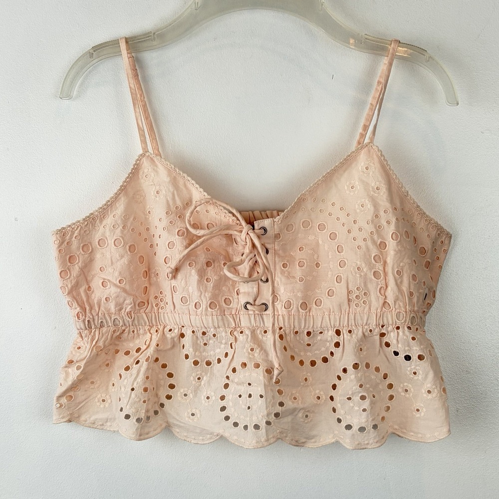 Aerie Crop Top Womens M Pink Eyelet American Eagle Smocked Spaghetti Babydoll